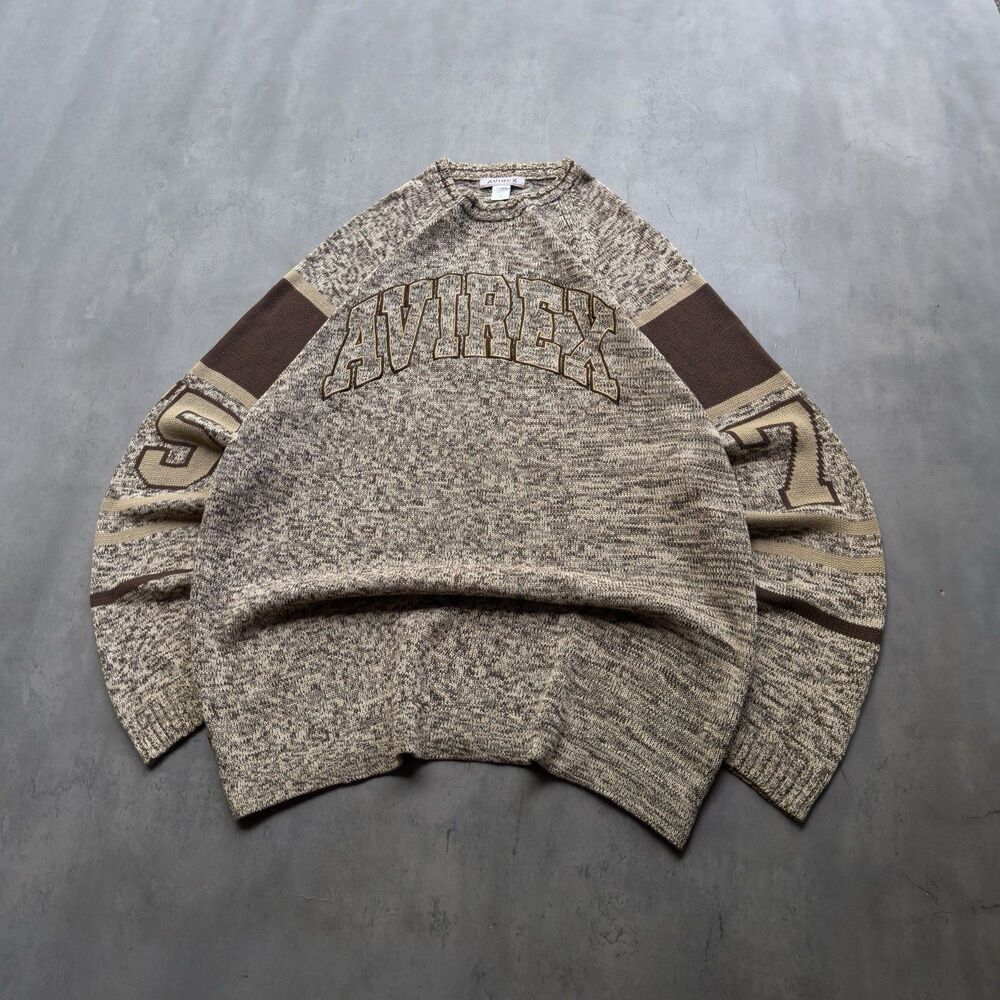 Vintage Avirex 2X Knit Sweater Mens Brown Cream Spellout Varsity Hip Hop Y2K 90s